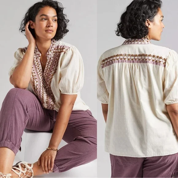 Anthropologie Forever That Girl Embroidered Peasant Blouse Swiss Dot Top 10 - Picture 1 of 9